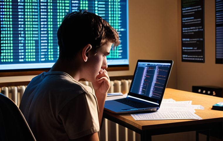 **
A stressed student hunched over a laptop, surrounded by Linux command cheat sheets, with exam preparation books scattered around. The scene is lit by the glow of the screen, emphasizing the late-night study session. Maybe add a cup of coffee and some energy drink cans to amplify the tension. The background shows blurred code snippets and Linux terminal windows.
**