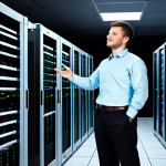 A professional, experienced IT administrator, fully clothed in a modest business casual shirt and trousers, stands confidently in a conceptual split environment. On one side, a depiction of a cluttered, manual server room with tangled cables and a tired-looking person struggling with tasks, symbolizing inefficiency. On the other side, a sleek, modern data center with organized, glowing server racks and abstract, flowing data streams, representing seamless automation. The administrator gestures towards the automated side with a subtle smile of satisfaction. High-resolution, professional photography, soft studio lighting, sharp focus, vibrant colors, clear details, perfect anatomy, correct proportions, natural pose, well-formed hands, proper finger count, natural body proportions, safe for work, appropriate content, fully clothed, professional, modest.