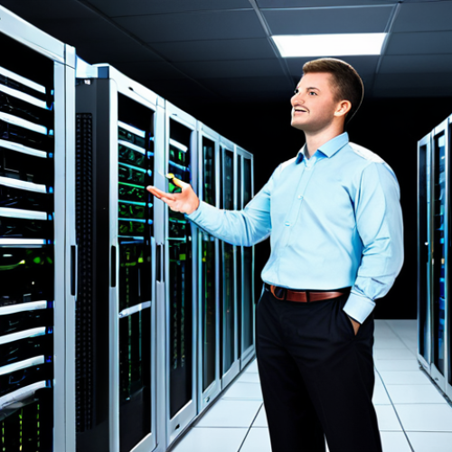 A professional, experienced IT administrator, fully clothed in a modest business casual shirt and trousers, stands confidently in a conceptual split environment. On one side, a depiction of a cluttered, manual server room with tangled cables and a tired-looking person struggling with tasks, symbolizing inefficiency. On the other side, a sleek, modern data center with organized, glowing server racks and abstract, flowing data streams, representing seamless automation. The administrator gestures towards the automated side with a subtle smile of satisfaction. High-resolution, professional photography, soft studio lighting, sharp focus, vibrant colors, clear details, perfect anatomy, correct proportions, natural pose, well-formed hands, proper finger count, natural body proportions, safe for work, appropriate content, fully clothed, professional, modest.