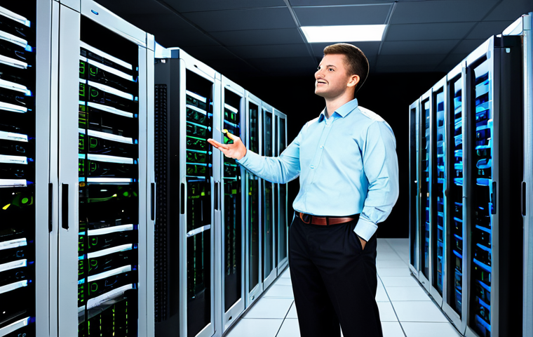 A professional, experienced IT administrator, fully clothed in a modest business casual shirt and trousers, stands confidently in a conceptual split environment. On one side, a depiction of a cluttered, manual server room with tangled cables and a tired-looking person struggling with tasks, symbolizing inefficiency. On the other side, a sleek, modern data center with organized, glowing server racks and abstract, flowing data streams, representing seamless automation. The administrator gestures towards the automated side with a subtle smile of satisfaction. High-resolution, professional photography, soft studio lighting, sharp focus, vibrant colors, clear details, perfect anatomy, correct proportions, natural pose, well-formed hands, proper finger count, natural body proportions, safe for work, appropriate content, fully clothed, professional, modest.