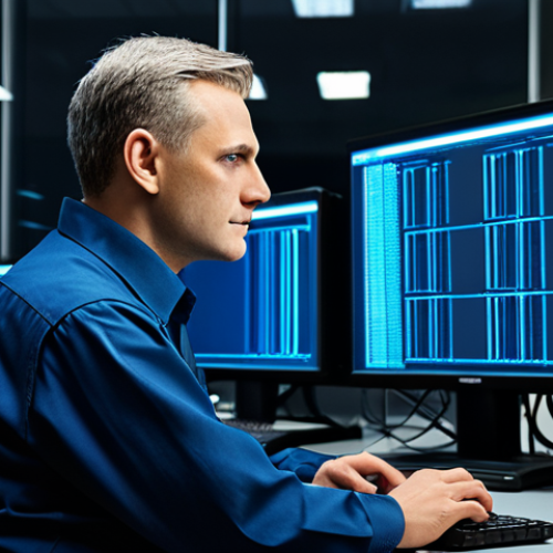 Home 21 A professional male IT technician, fully clothed in a modest, dark blue work shirt and professional trousers. He is sitting at a desk in a traditional server room, illuminated by cool fluorescent lights, intently looking at a terminal screen displaying command-line output. Racks of older servers are subtly in the background. The image has professional photography quality with high detail and a realistic style. perfect anatomy, correct proportions, natural pose, well-formed hands, proper finger count, natural body proportions, safe for work, appropriate content, professional.
