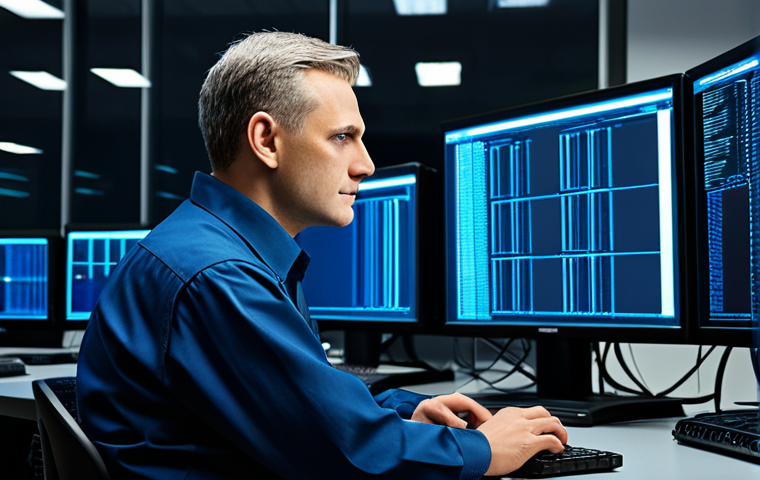 A professional male IT technician, fully clothed in a modest, dark blue work shirt and professional trousers. He is sitting at a desk in a traditional server room, illuminated by cool fluorescent lights, intently looking at a terminal screen displaying command-line output. Racks of older servers are subtly in the background. The image has professional photography quality with high detail and a realistic style. perfect anatomy, correct proportions, natural pose, well-formed hands, proper finger count, natural body proportions, safe for work, appropriate content, professional.