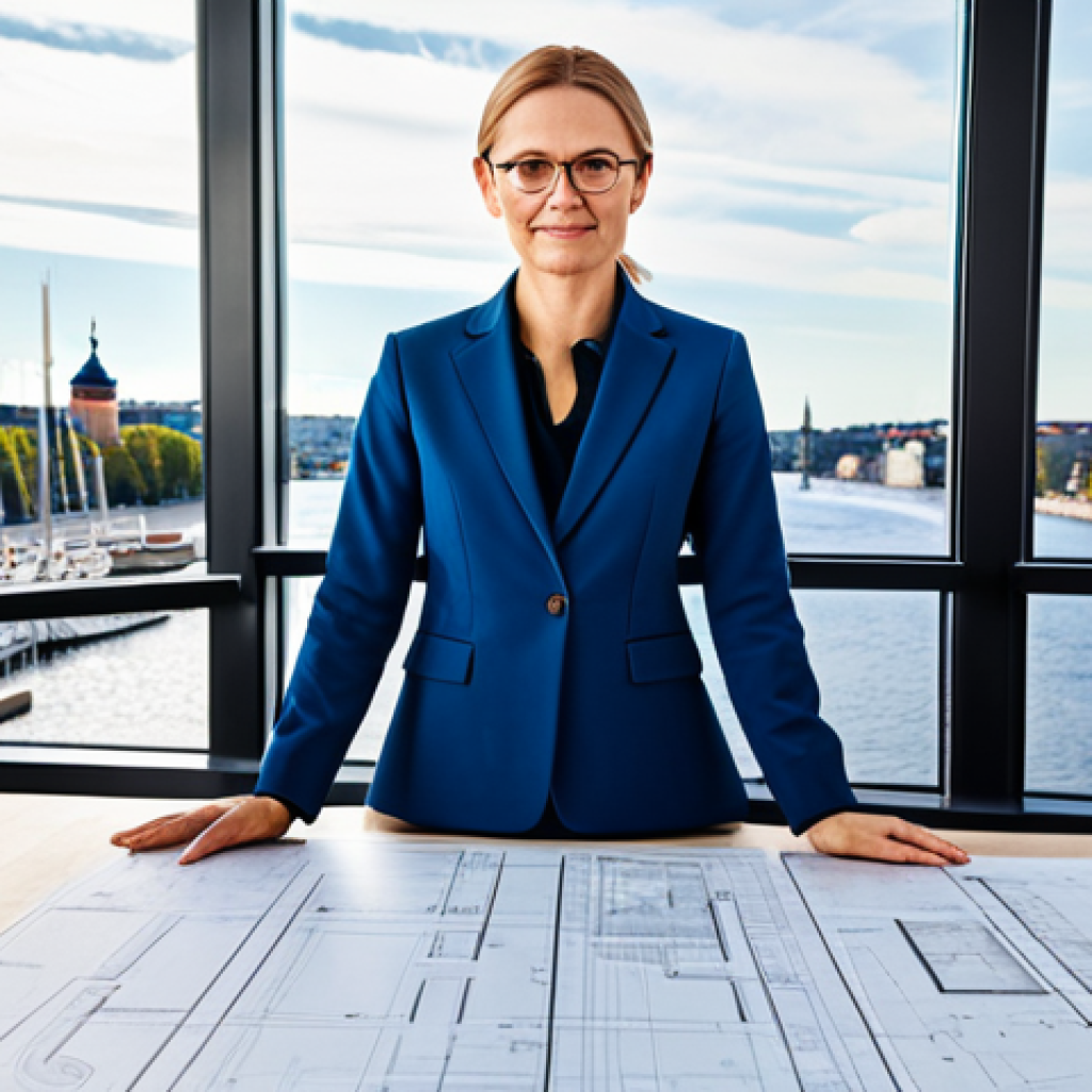 **

A professional architect in a modern, fully clothed business attire (pantsuit), standing in front of a blueprint-covered table. The background shows a bright, airy office space with views of Stockholm's waterfront. Perfect anatomy, correct proportions, well-formed hands, natural pose, appropriate content, safe for work, professional, family-friendly.

**