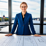 **

A professional architect in a modern, fully clothed business attire (pantsuit), standing in front of a blueprint-covered table. The background shows a bright, airy office space with views of Stockholm's waterfront. Perfect anatomy, correct proportions, well-formed hands, natural pose, appropriate content, safe for work, professional, family-friendly.

**