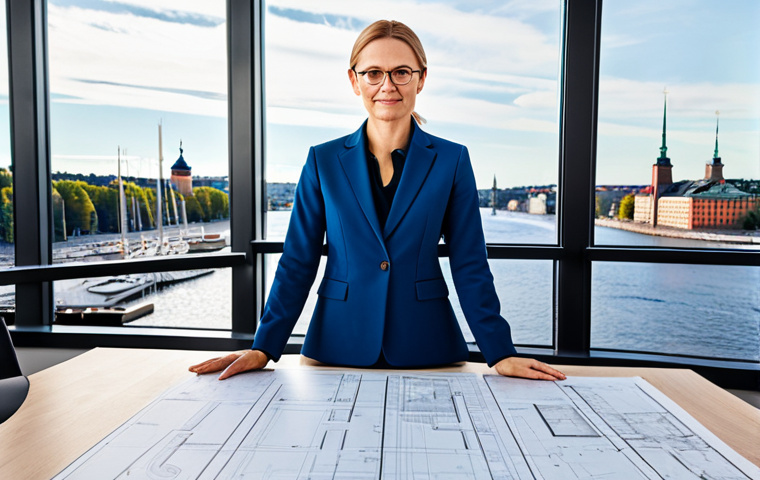 **
A professional architect in a modern, fully clothed business attire (pantsuit), standing in front of a blueprint-covered table. The background shows a bright, airy office space with views of Stockholm's waterfront. Perfect anatomy, correct proportions, well-formed hands, natural pose, appropriate content, safe for work, professional, family-friendly.
**