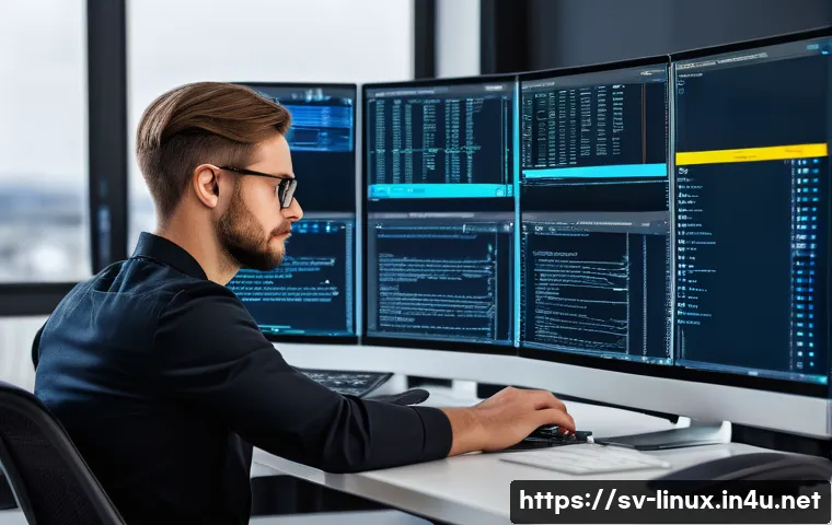 리눅스마스터 실기 시험에서 자주 출제되는 문제 분석 - A detailed Linux system administrator workspace scene showing a Swedish professional at a modern des...
