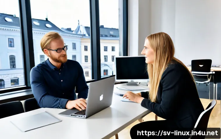 Home 17 리눅스 자격증 취득 후 프로젝트 관리 경험 - Photorealistic Swedish IT professional in a bright Stockholm office, confidently leading a small pro...